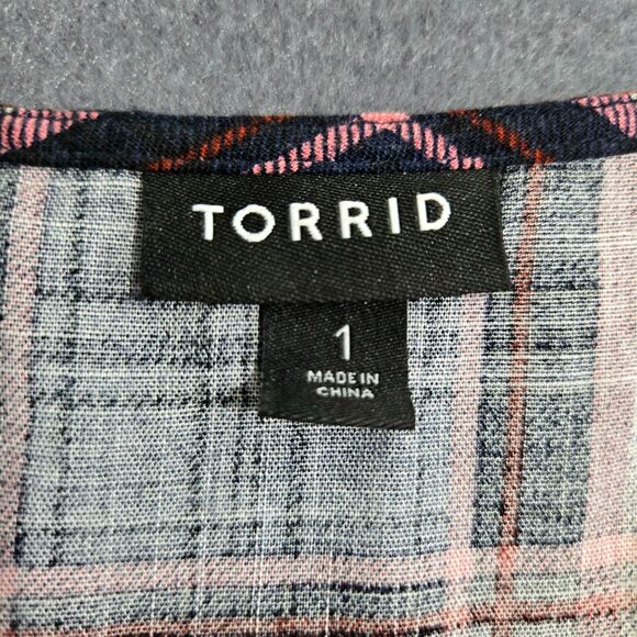 Torrid Womens 1X Babydoll Rayon Slub Lace Inset Smocked Tiered Plaid Navy Blouse - Picture 9 of 16